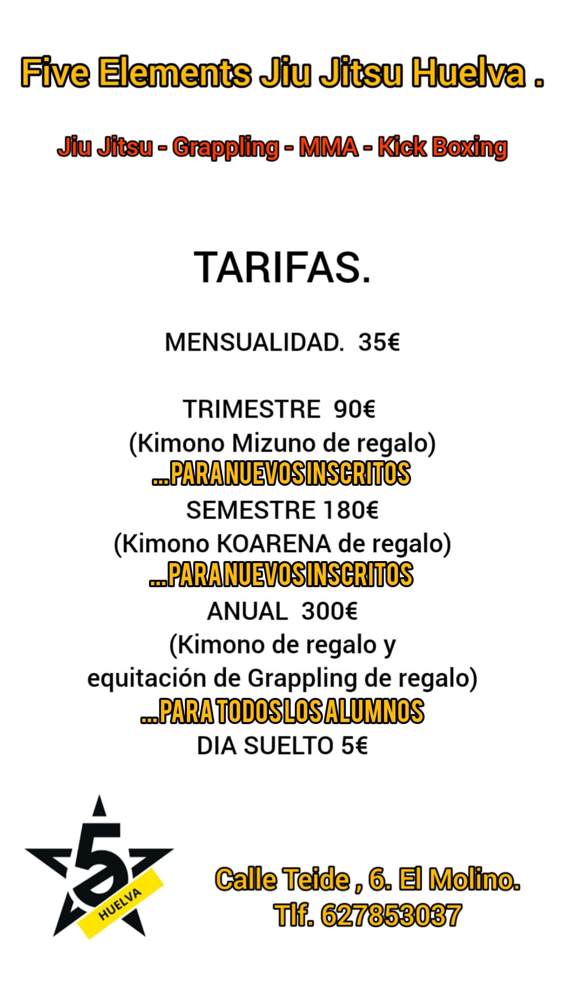 Tarifas Five Elements Jiu-Jitsu Huelva